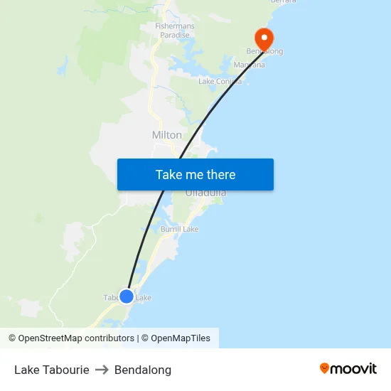 Lake Tabourie to Bendalong map