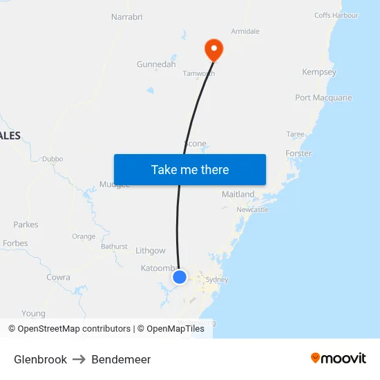 Glenbrook to Bendemeer map