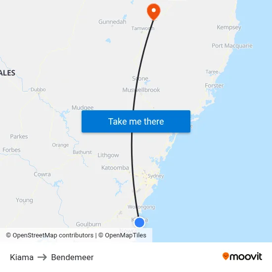 Kiama to Bendemeer map