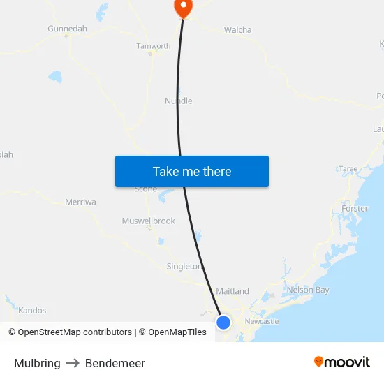 Mulbring to Bendemeer map