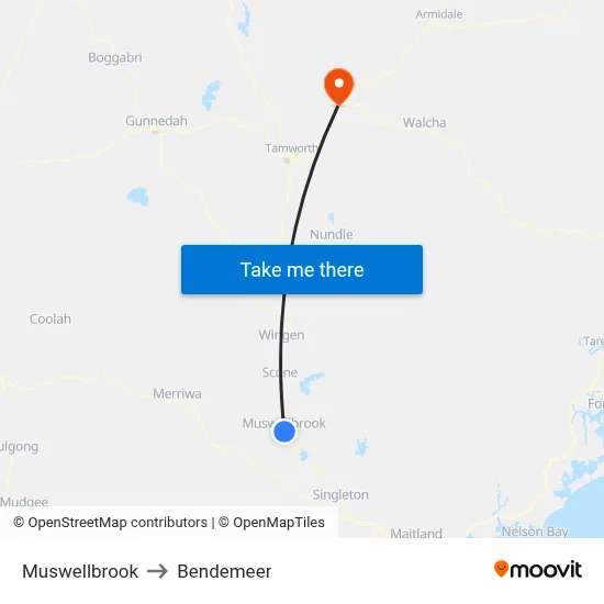Muswellbrook to Bendemeer map