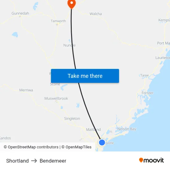 Shortland to Bendemeer map