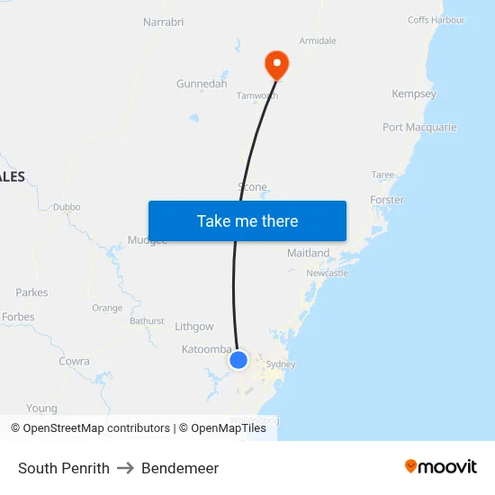 South Penrith to Bendemeer map