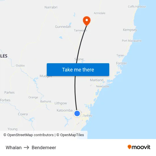 Whalan to Bendemeer map