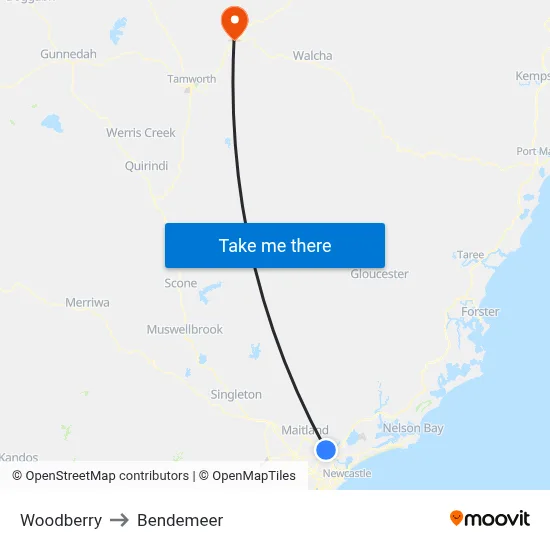 Woodberry to Bendemeer map