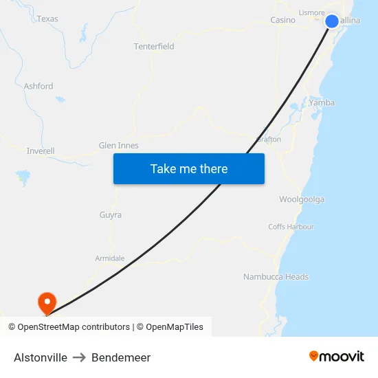 Alstonville to Bendemeer map