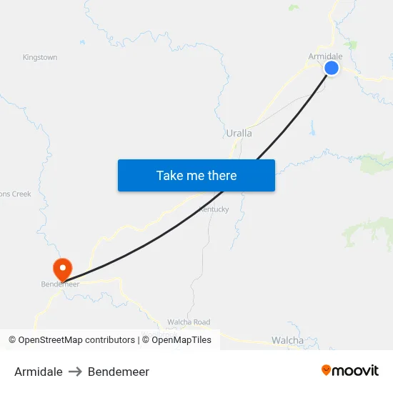 Armidale to Bendemeer map