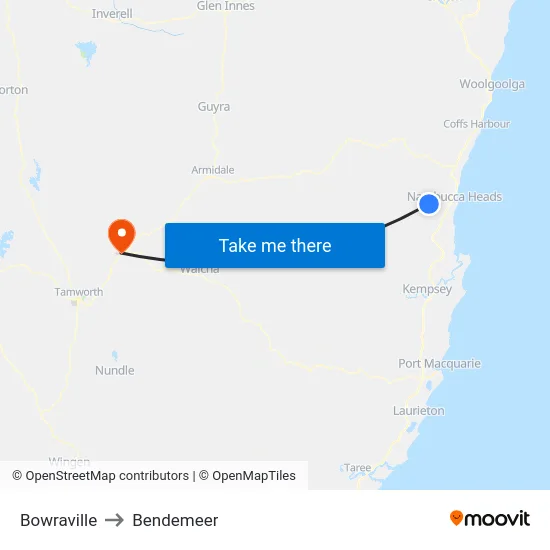 Bowraville to Bendemeer map