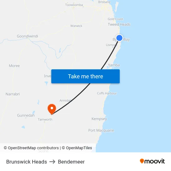Brunswick Heads to Bendemeer map