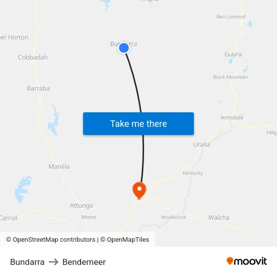 Bundarra to Bendemeer map