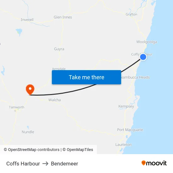 Coffs Harbour to Bendemeer map