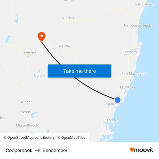 Coopernook to Bendemeer map