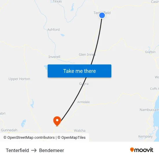 Tenterfield to Bendemeer map