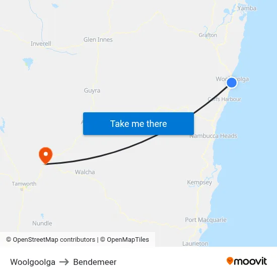 Woolgoolga to Bendemeer map