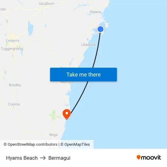 Hyams Beach to Bermagui map