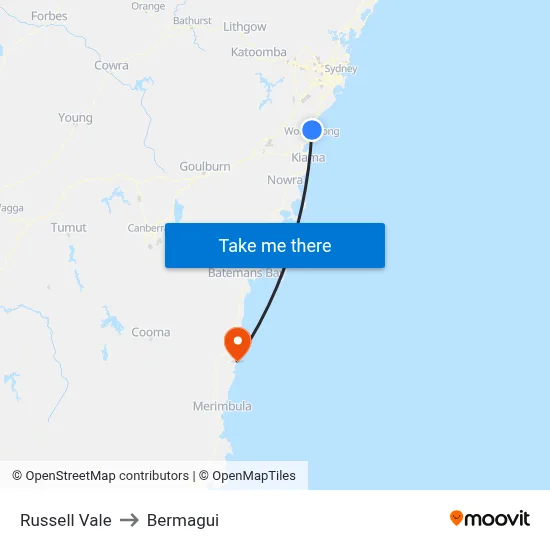 Russell Vale to Bermagui map
