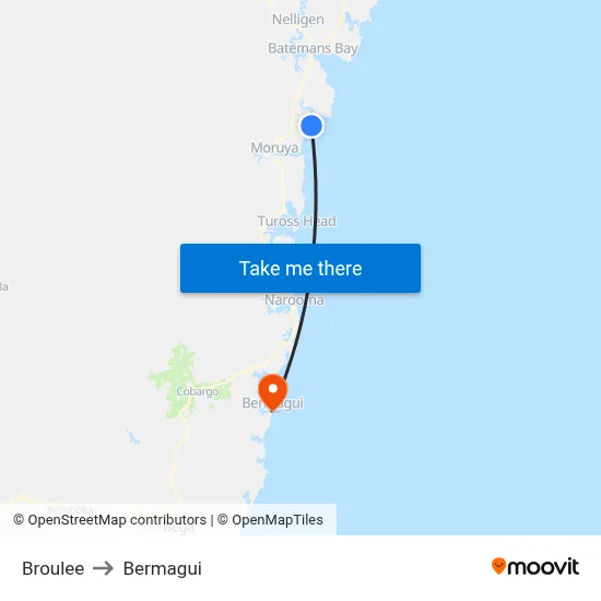 Broulee to Bermagui map