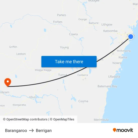 Barangaroo to Berrigan map