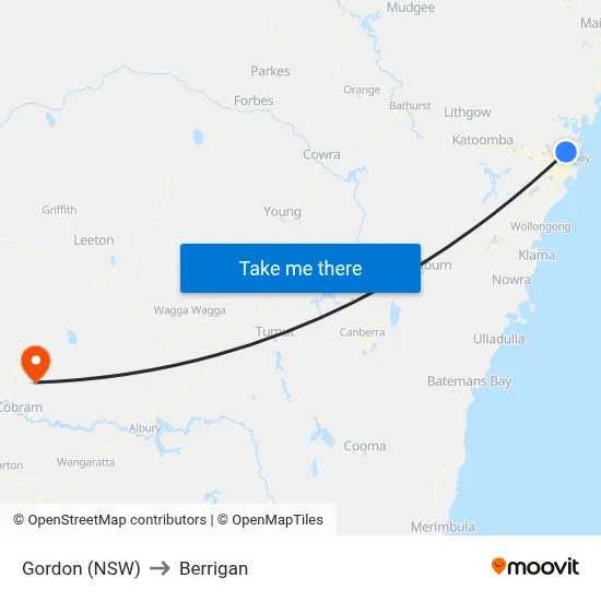 Gordon (NSW) to Berrigan map