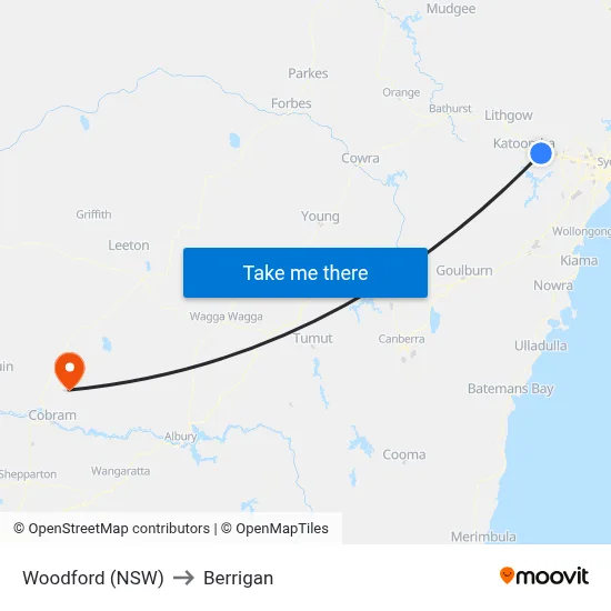 Woodford (NSW) to Berrigan map
