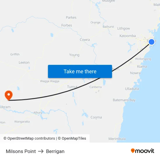 Milsons Point to Berrigan map