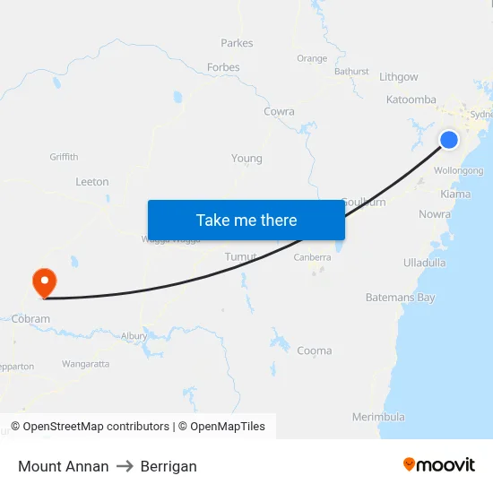 Mount Annan to Berrigan map