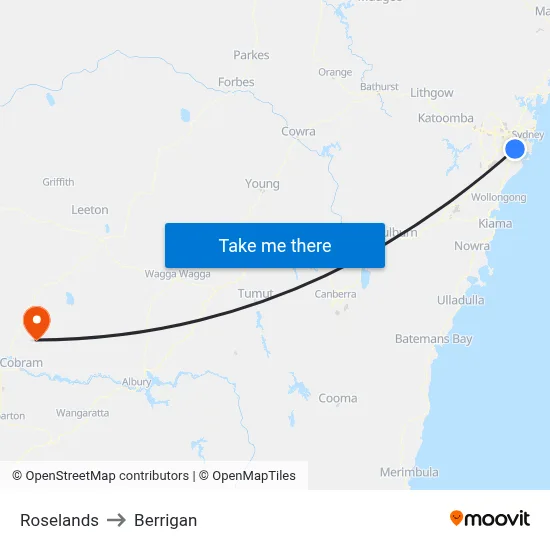 Roselands to Berrigan map