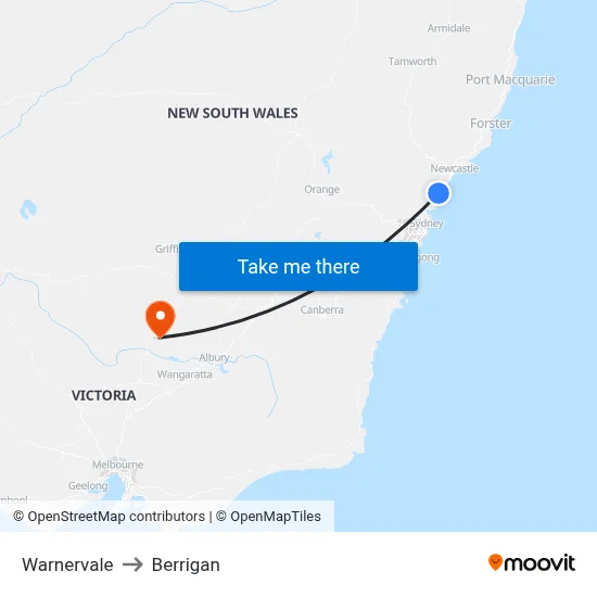 Warnervale to Berrigan map
