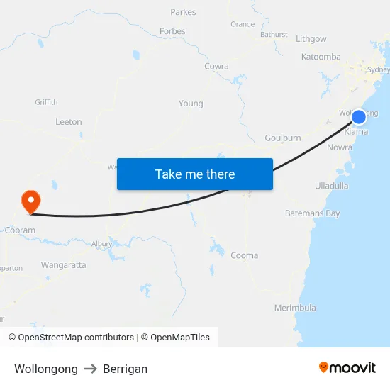 Wollongong to Berrigan map