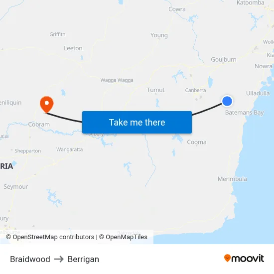 Braidwood to Berrigan map