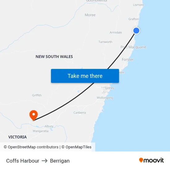 Coffs Harbour to Berrigan map