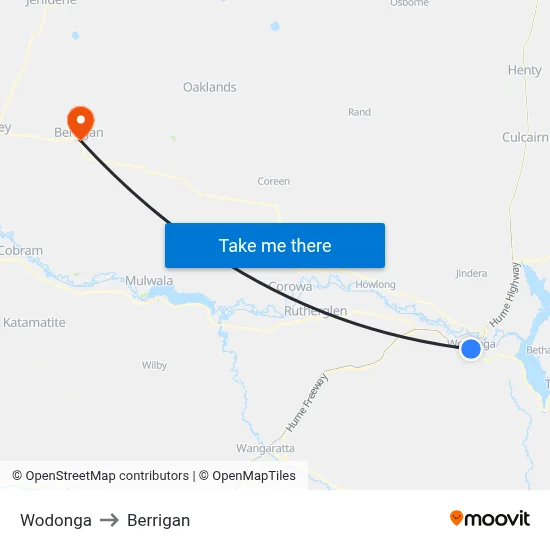 Wodonga to Berrigan map