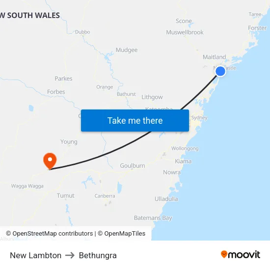 New Lambton to Bethungra map