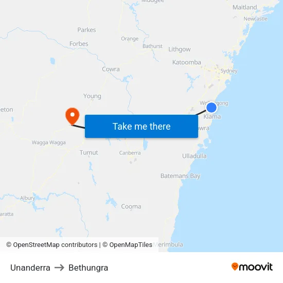 Unanderra to Bethungra map