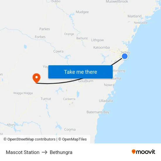 Mascot Station to Bethungra map