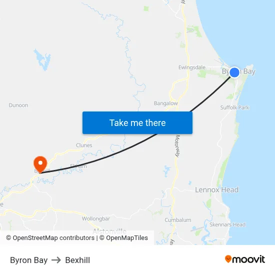 Byron Bay to Bexhill map