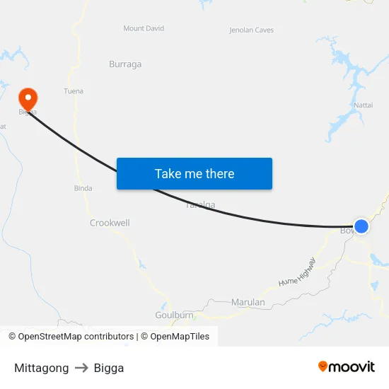 Mittagong to Bigga map