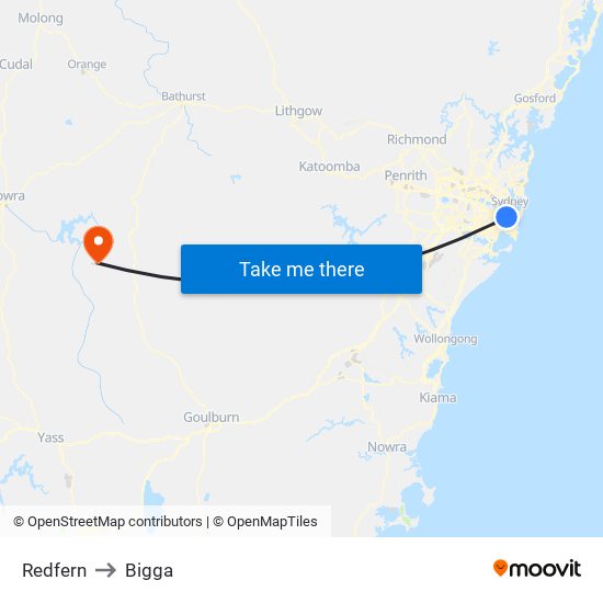 Redfern to Bigga map