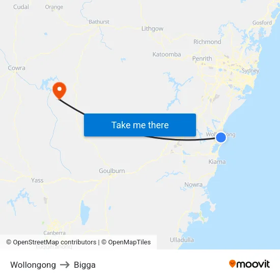 Wollongong to Bigga map