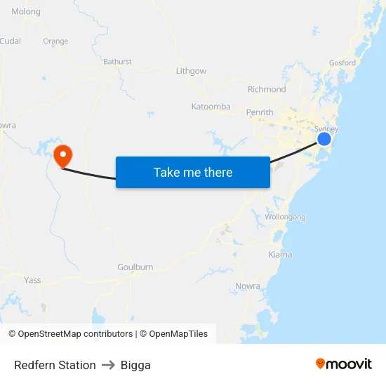 Redfern Station to Bigga map
