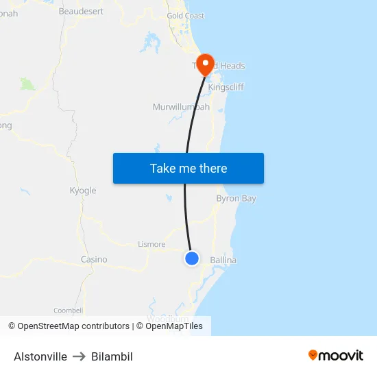 Alstonville to Bilambil map