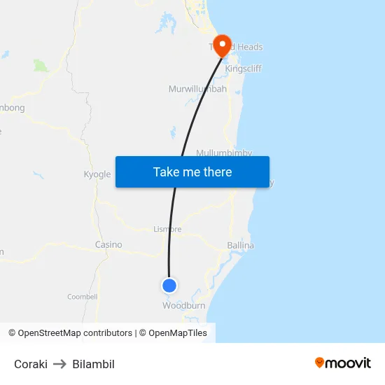 Coraki to Bilambil map