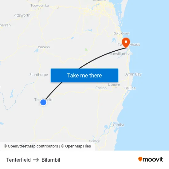 Tenterfield to Bilambil map