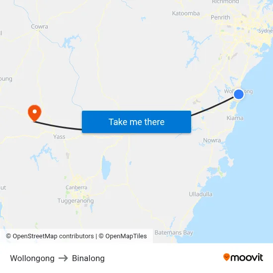 Wollongong to Binalong map