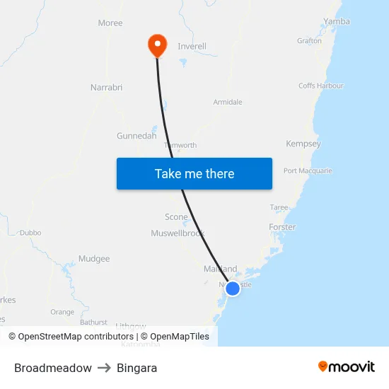 Broadmeadow to Bingara map