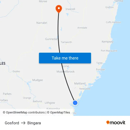 Gosford to Bingara map