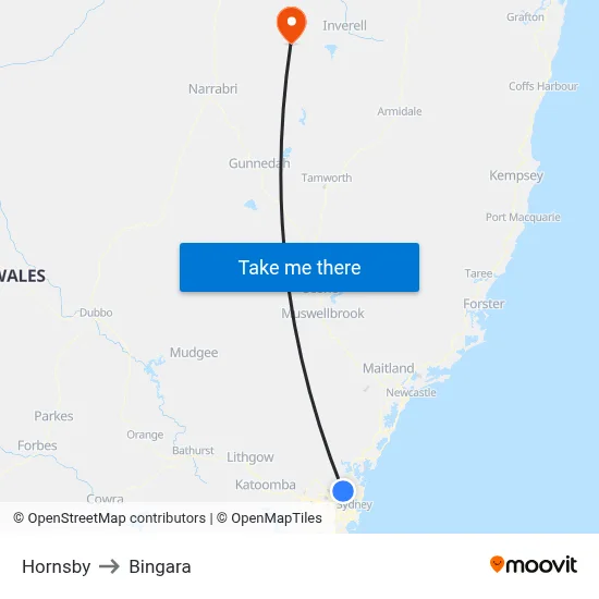 Hornsby to Bingara map