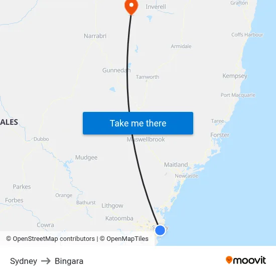 Sydney to Bingara map