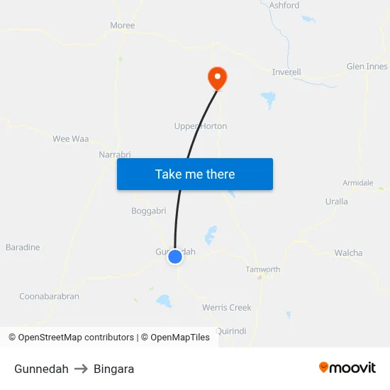Gunnedah to Bingara map