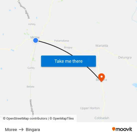 Moree to Bingara map
